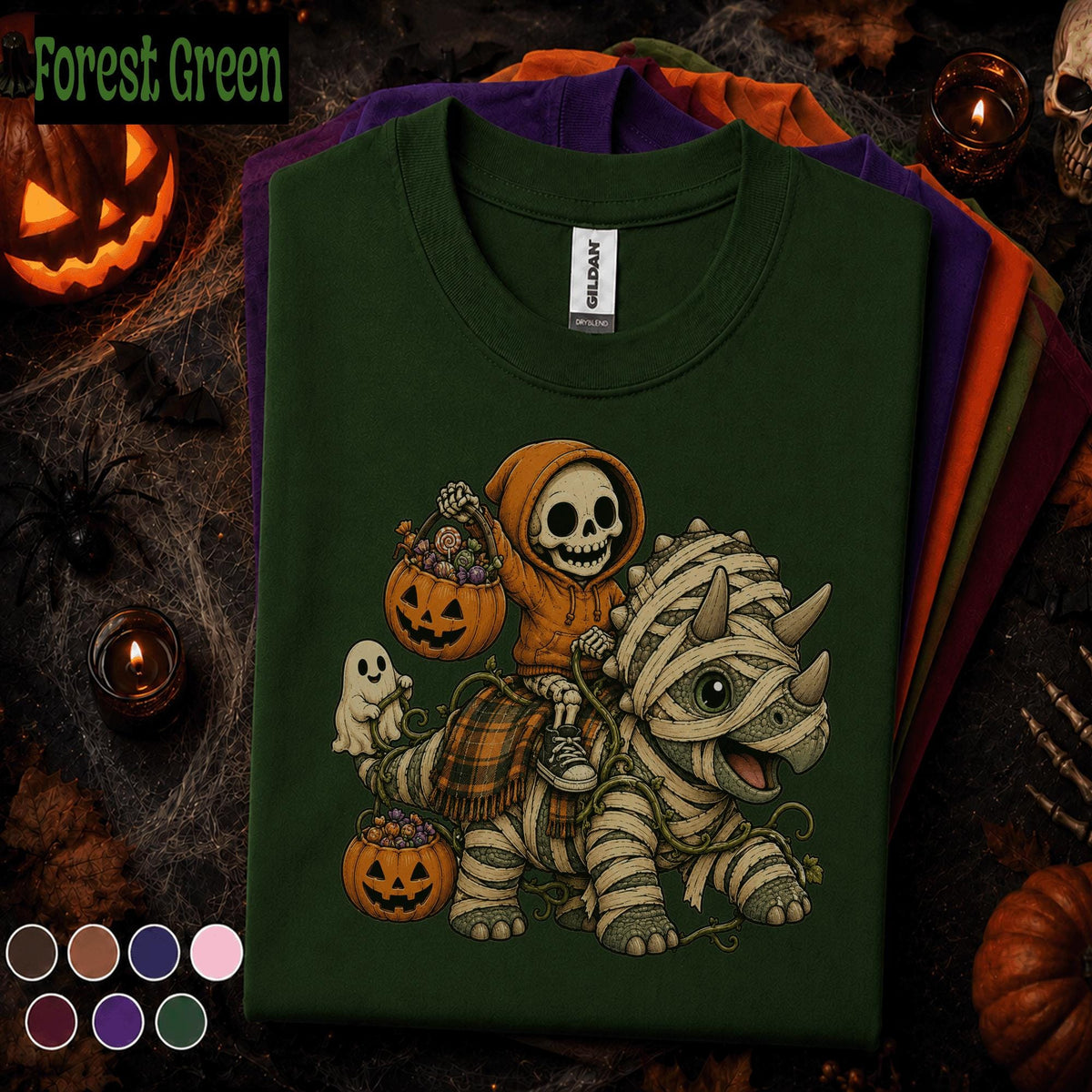 Cute Mummy Dinosaur Halloween Shirt, Skeleton Tee, Spooky Dino T Shirt, Pumpkin Ghost Fall Gift, Kids Youth Boys Halloween Top