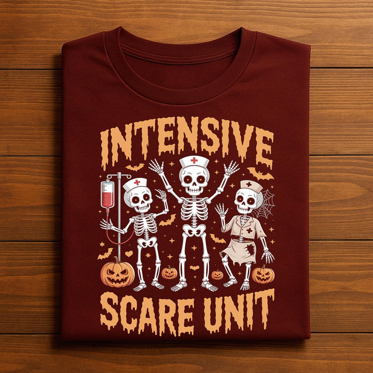 Intensive Scare Unit Shirt Funny Skeleton Nurse Halloween Tee With Pumpkins Perfect Spooky Medical Costume Outfit, Halloween ICU Staff