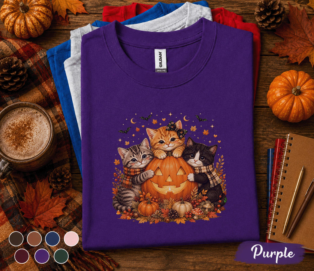 Cute Halloween Cat Fall Shirt, Pumpkin Kitten Fall Tee, Black Orange Gray Cats , Autumn Cat Lover Gift, Spooky Season T-Shirt