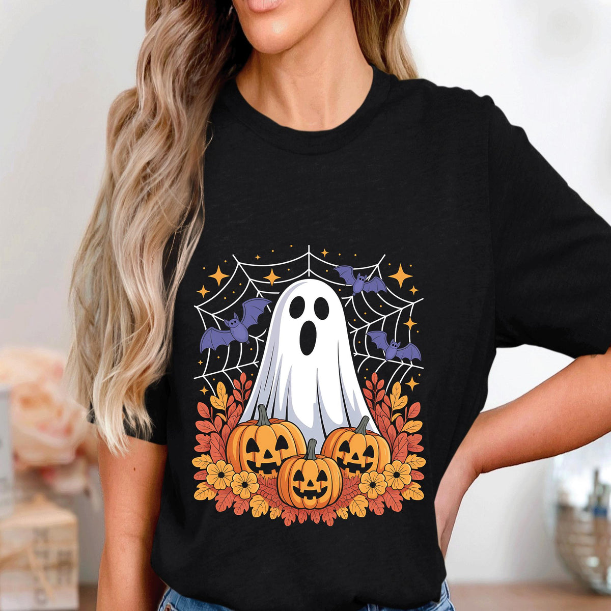 Spooky Ghost Pumpkin Shirt, Halloween Bat Haunted Tee, Ghost Sweatshirt, Women Halloween Sweatshirt, Girl Halloween Shirt, Cute Ghost Shirts