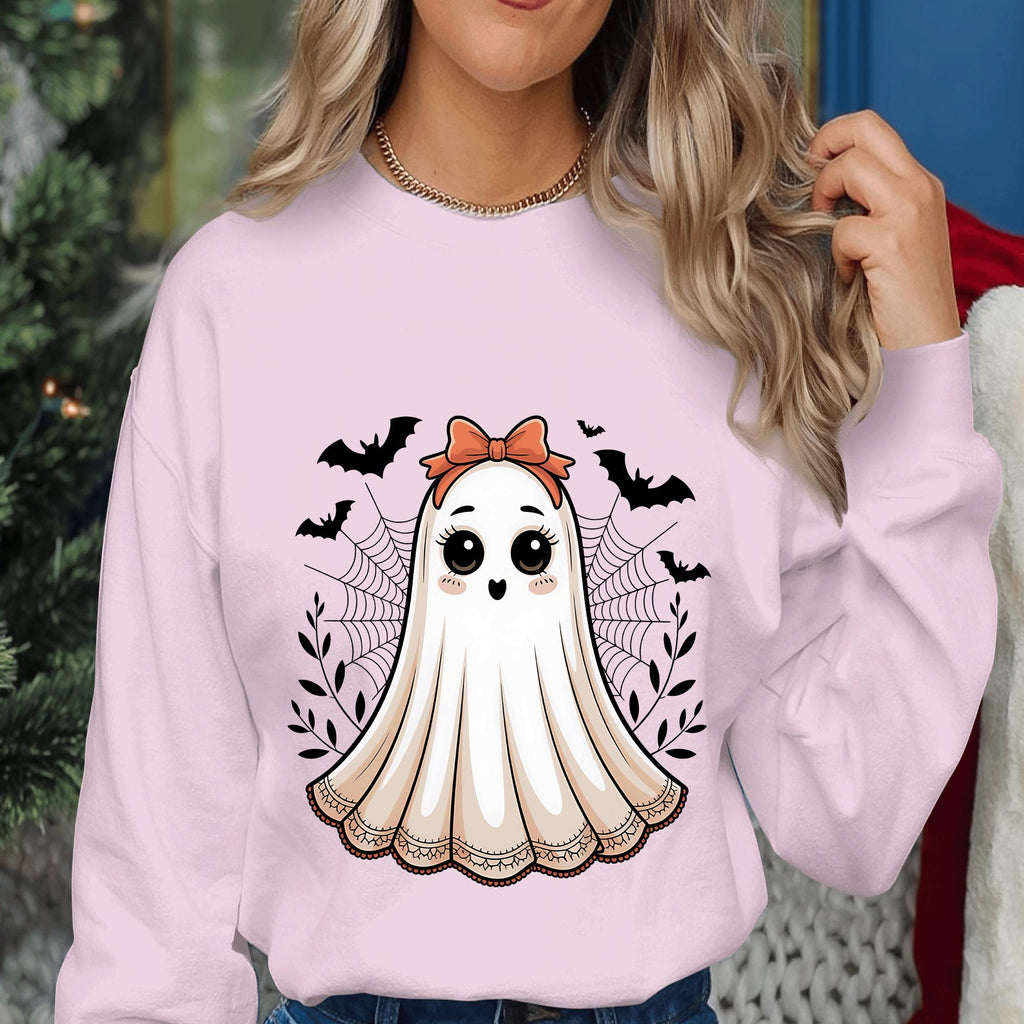 Cute Girly Ghost Shirt, Halloween Spirit Bow Tee, Kawaii Spooky Season Top, Ghost Sweatshirt, Halloween Sweatshirt, Women Halloween Shirts