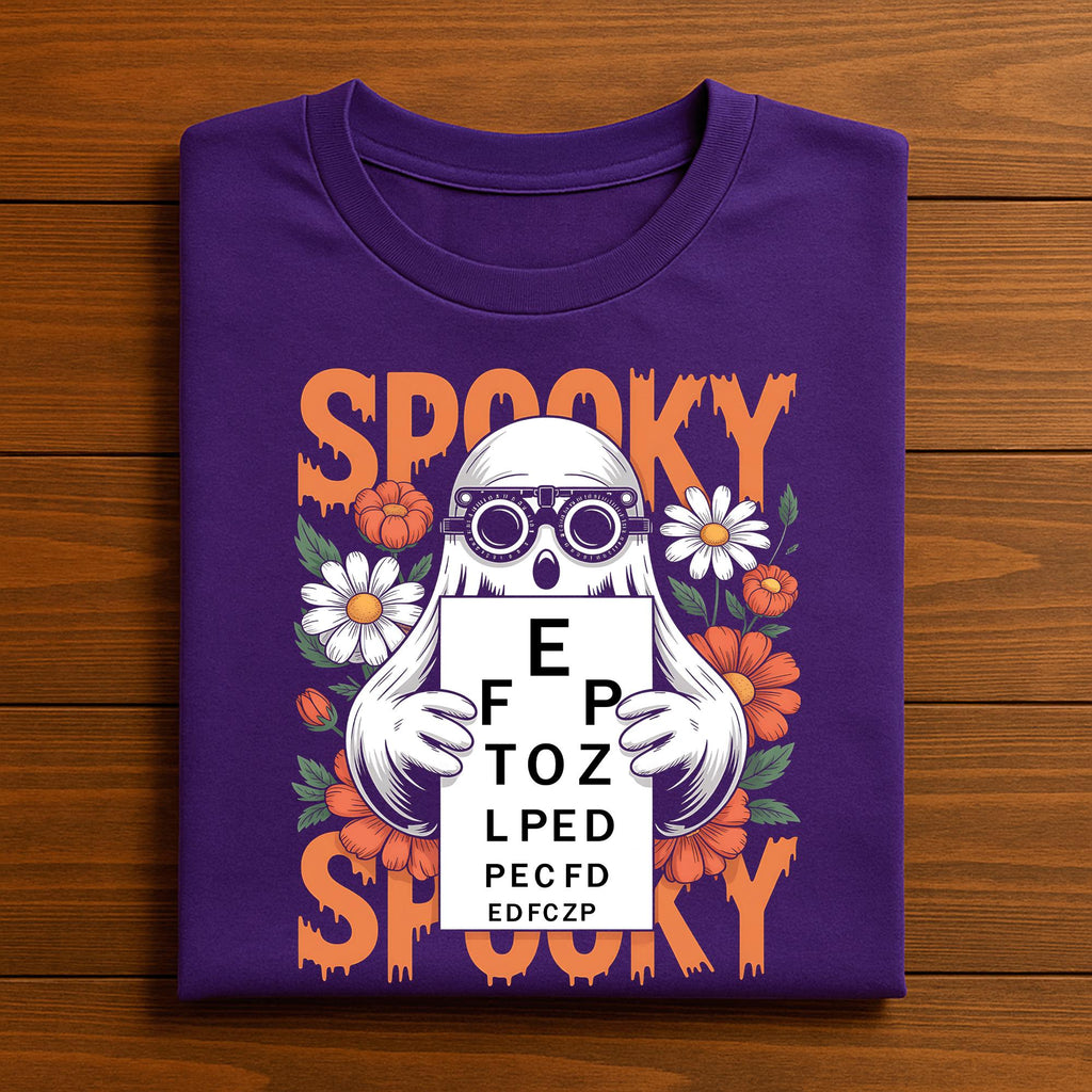 Spooky Optometrist Halloween Shirt, Ghost Holding Eye Chart Tee with Glasses, Optometry Halloween Shirts Optician Spooky Optometrist Crew