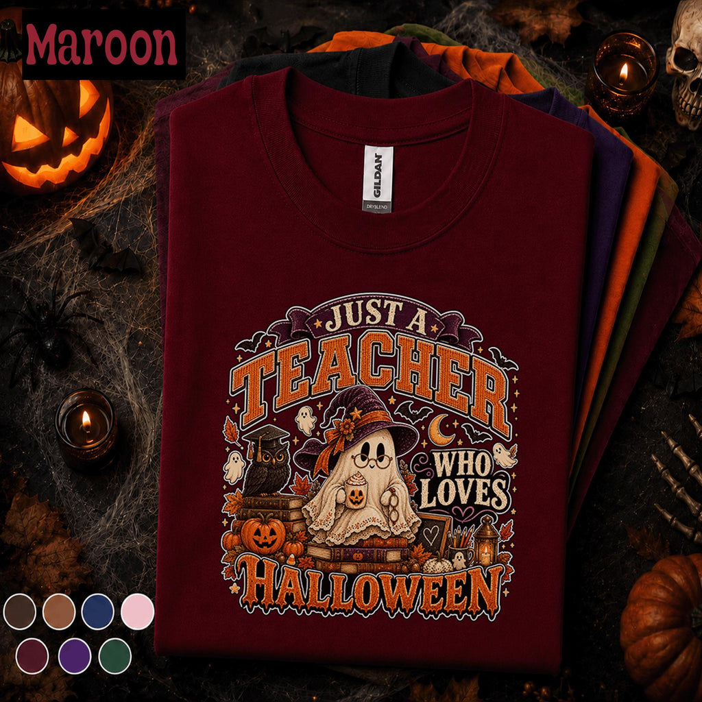 Just a Teacher Who Loves Halloween Shirt, Cute Ghost Teacher Tee, Spooky Pumpkin School Shirt, Retro Fall Classroom Halloween Gift