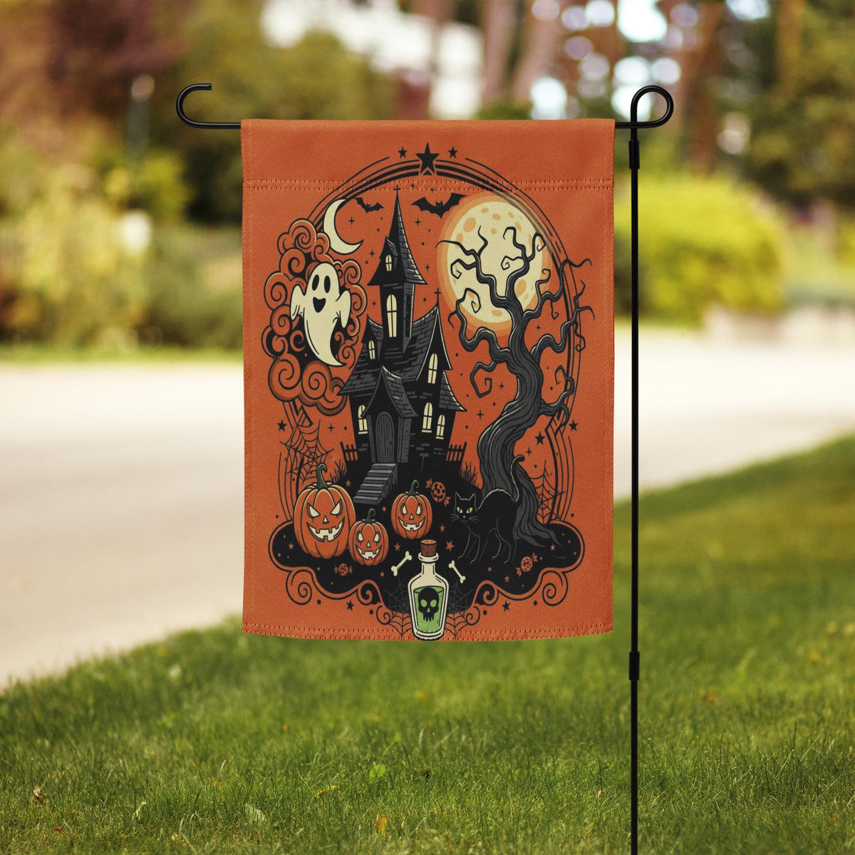 Vintage Halloween Garden Flag | Orange Black Cat Witch Yard Decor | Spooky Pumpkin BOO Banner, Halloween Decoration, Ghost Garden Flag