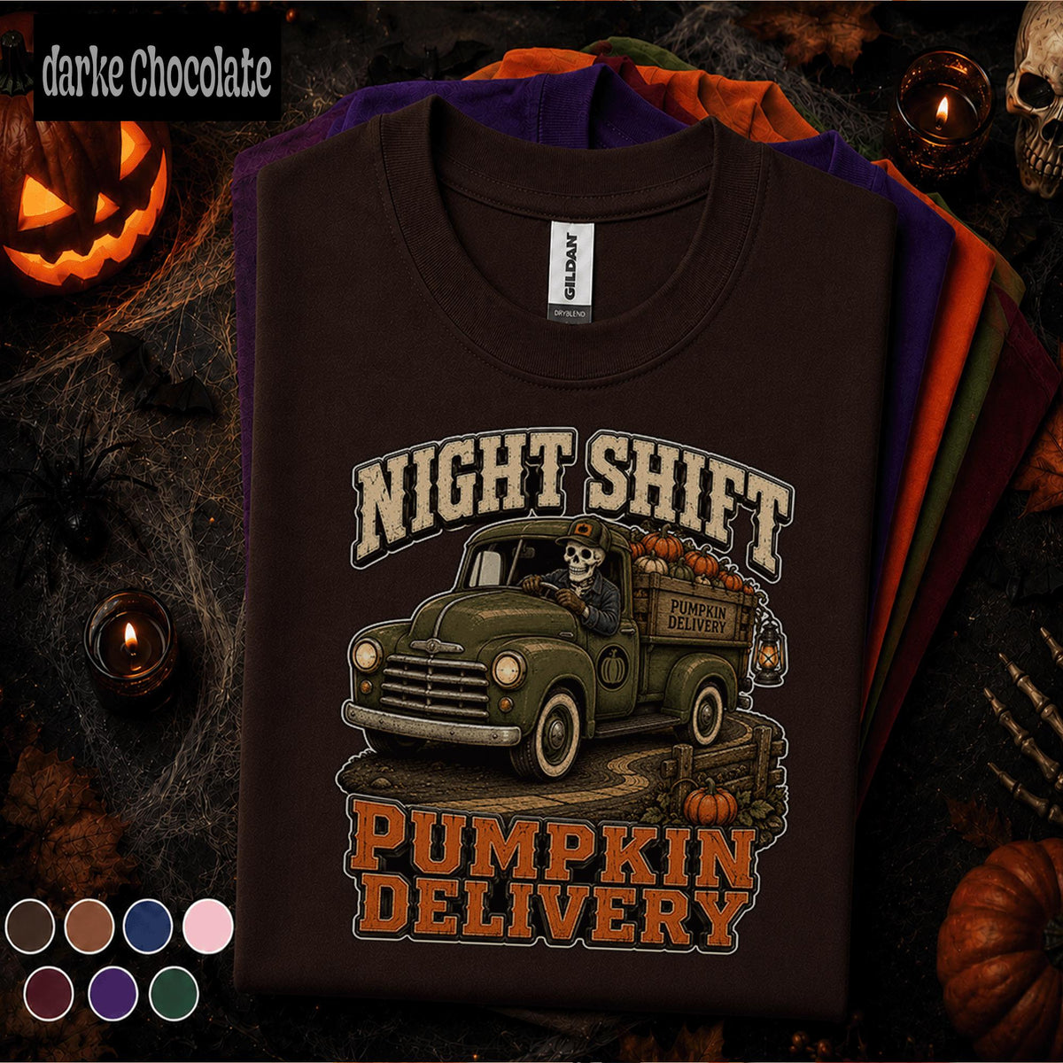 Night Shift Pumpkin Delivery Halloween Shirt, Skeleton Truck Driver Tee, Spooky Trucker Gift, Vintage Fall Pickup Truck Halloween T-Shirt