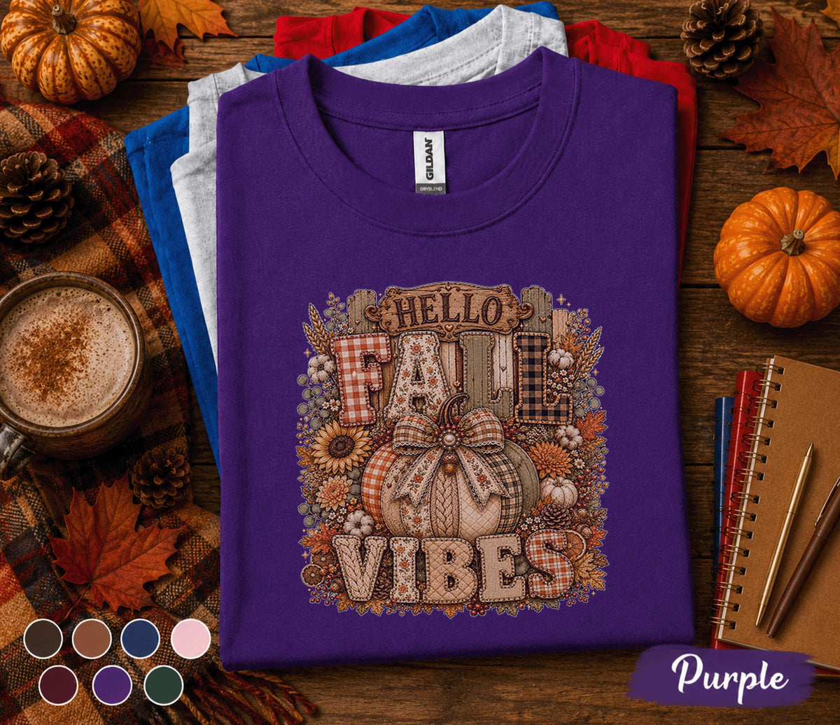 Hello Fall Vibes Shirt, Cozy Autumn Pumpkin Tee, Rustic Thanksgiving Sweatshirt, Plaid Pumpkin Bow Shirt, Cute Harvest Season Gift for Women