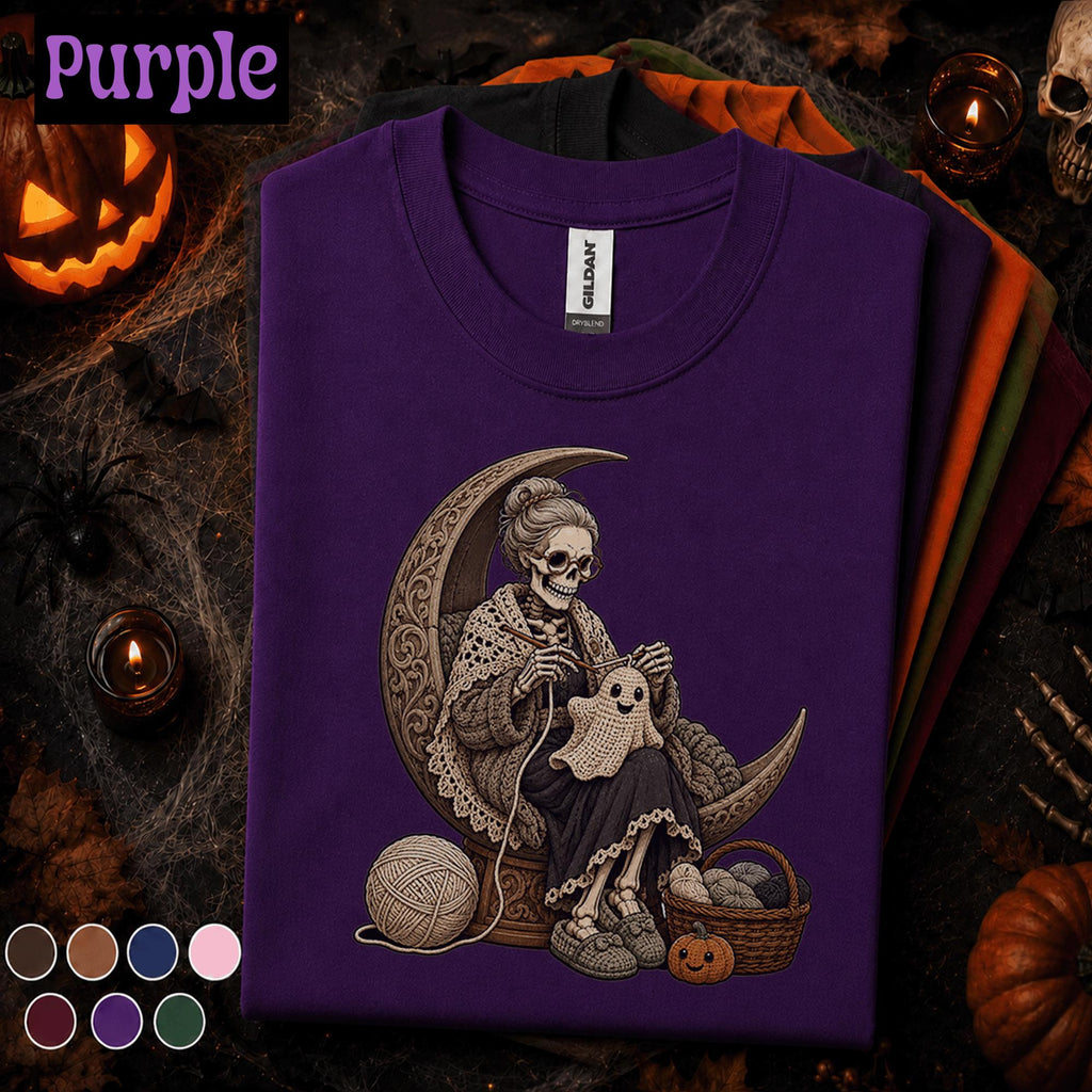 Skeleton Crochet Halloween Shirt, Gothic Yarn Lover Tee, Spooky Crochet Ghost Gift, Crescent Moon Knitting Shirt, Witchy Fiber Art Tee