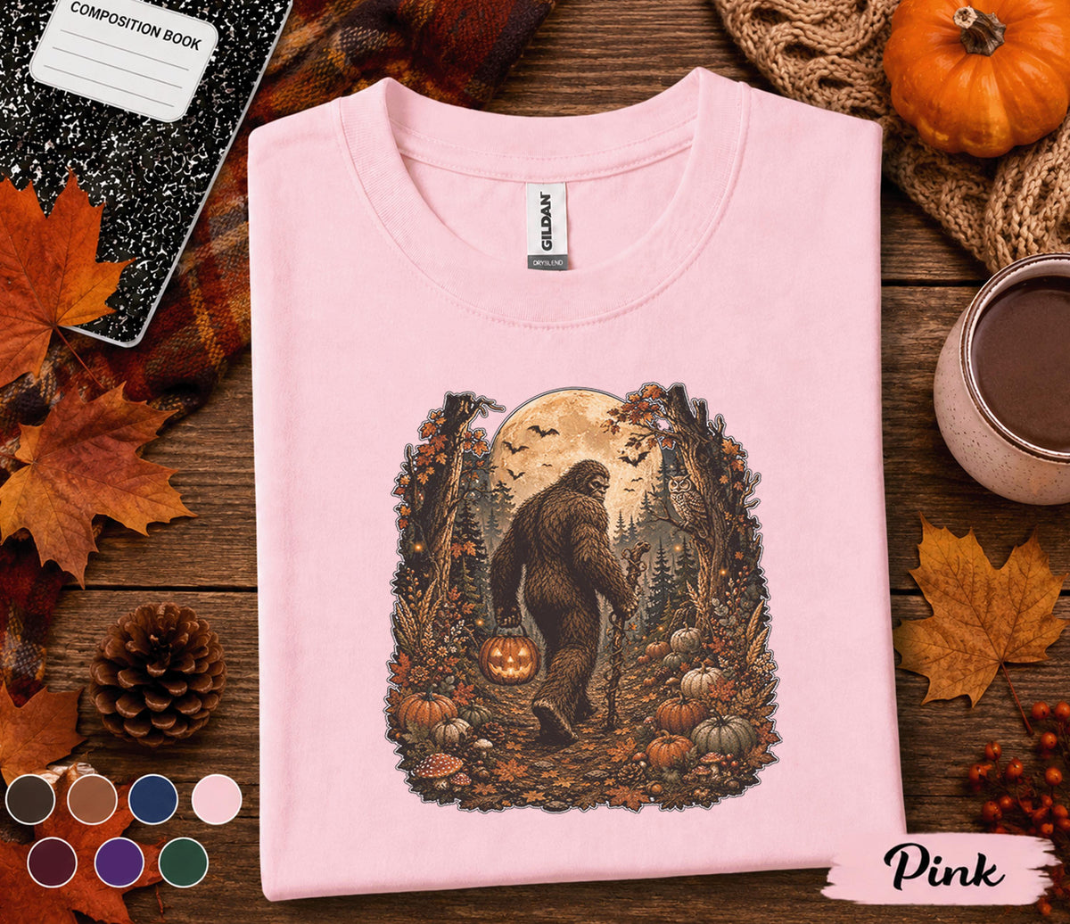 Bigfoot Halloween Fall Shirt, Sasquatch Pumpkin Tee, Spooky Autumn Forest T-Shirt, Cryptid Moon Night Shirt, Cozy Halloween Gift Men Women