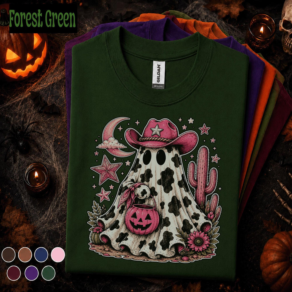 Pink Cowgirl Ghost Halloween Shirt, Western Spooky Season Tee, Cow Print Ghost T Shirt, Cowboy Halloween Gift for Her