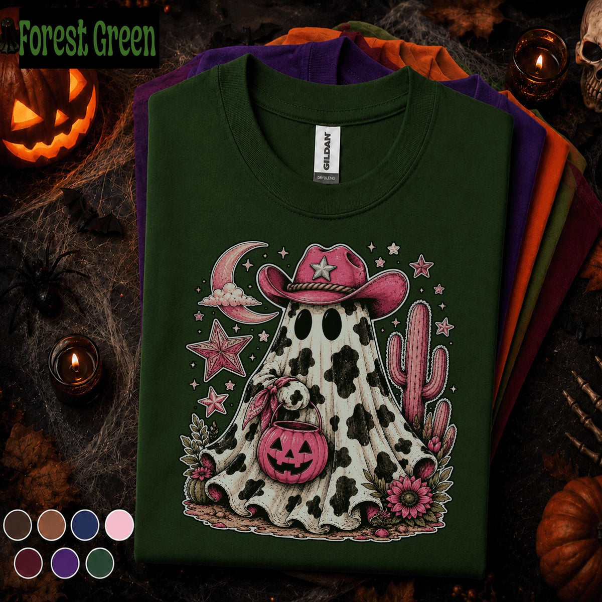 Pink Cowgirl Ghost Halloween Shirt, Western Spooky Season Tee, Cow Print Ghost T Shirt, Cowboy Halloween Gift for Her