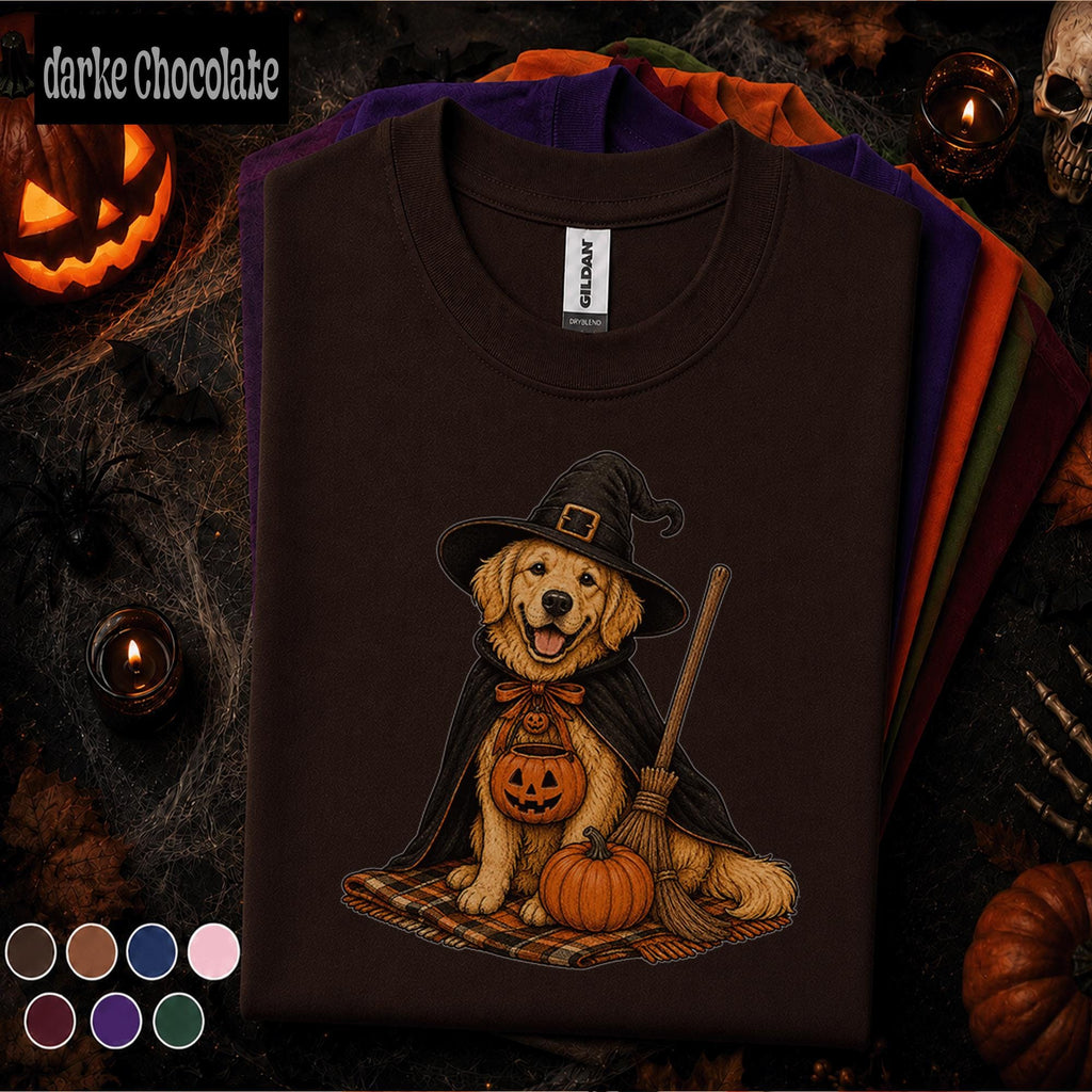 Golden Retriever Witch Halloween Shirt, Cute Spooky Dog Tee, Pumpkin Puppy Shirt, Dog Mom Halloween Gift, Vintage Fall Pet Lover Tee