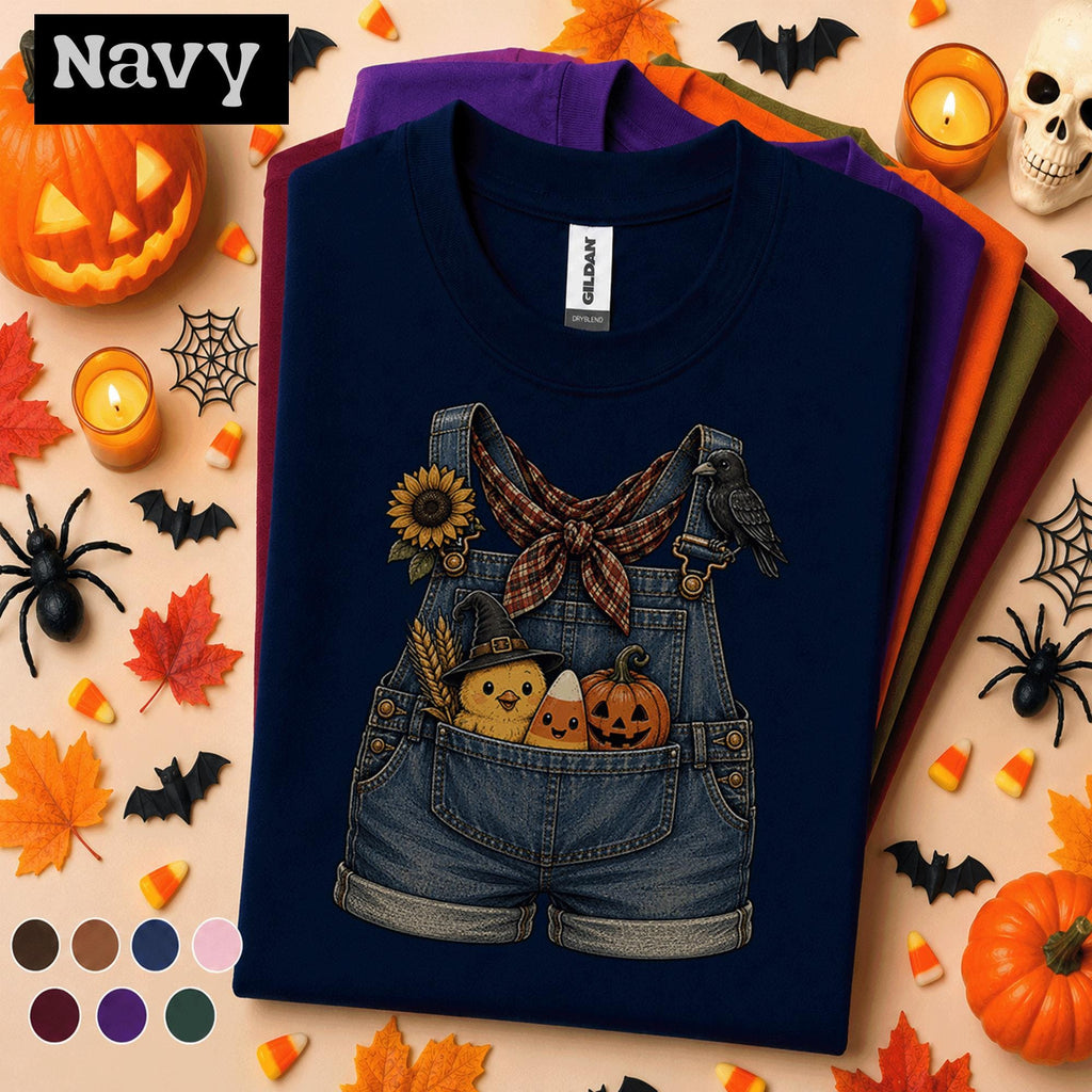Cute Halloween Overalls Shirt, Pumpkin Candy Corn Chick Tee, Fall Farm Girl, Spooky Crow Sunflower Shirt, Autumn Country Gift