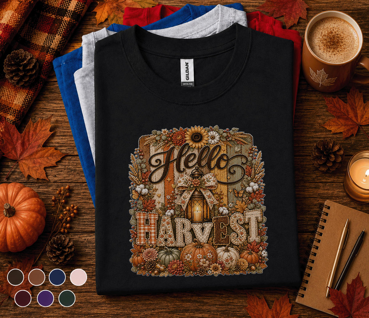 Hello Harvest Shirt Fall Harvest Tee Pumpkin Autumn Shirt Rustic Thanksgiving Cozy Fall Decor Lover Gift for Women