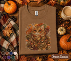 Cute Fall Cat Shirt, Cozy Autumn Kitten with Leaf Glasses Tee, Cottagecore Cat Lover T-Shirt, Pumpkin Season Thanksgiving Gift