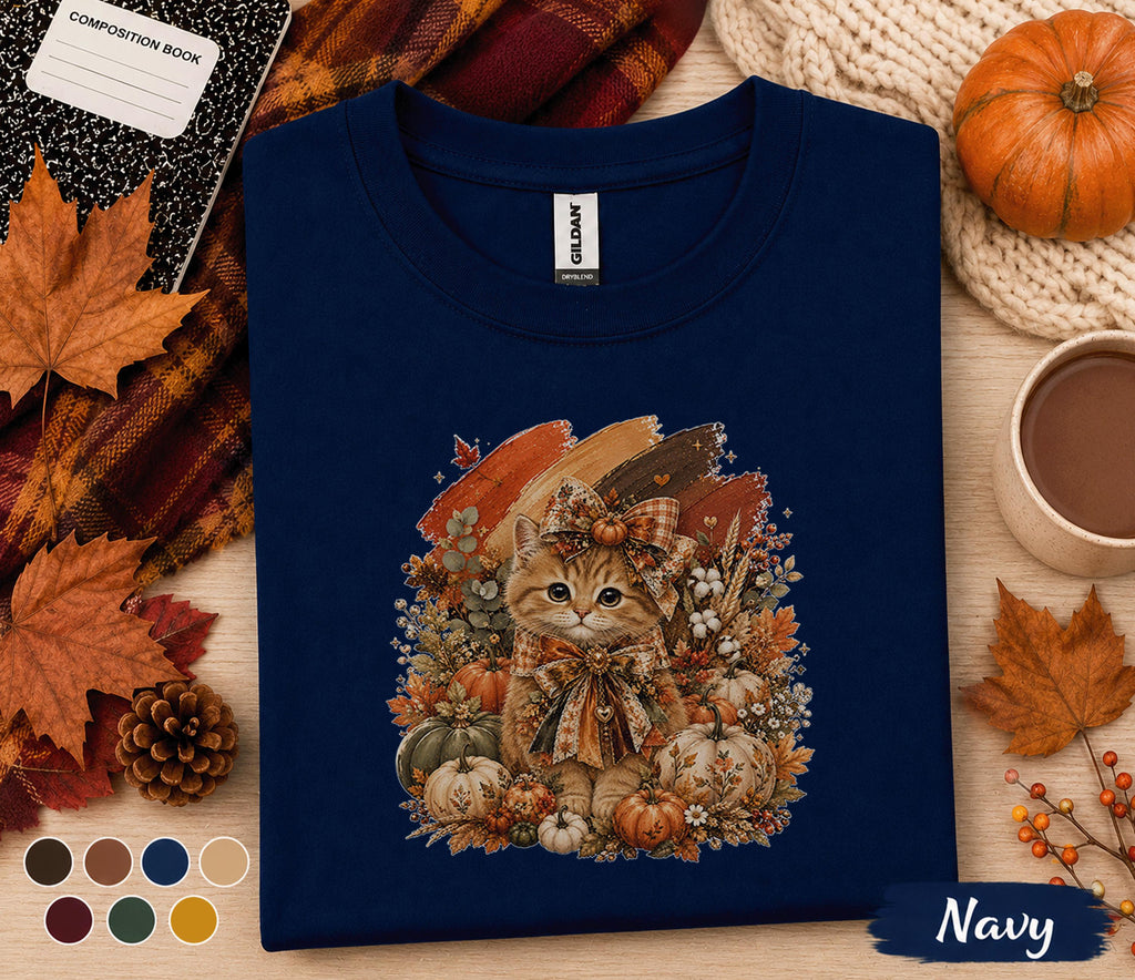 Cute Fall Kitten Shirt, Autumn Pumpkin Cat Tee, Cozy Cottagecore Kitty T-Shirt, Thanksgiving Cat Lover Gift, Harvest Season Outfit for Women