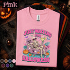 Just Waiting for Halloween Shirt, Funny Skeleton Pool Float Tee, Spooky Summer Halloween Shirt, Pink Halloween Skeleton Gift