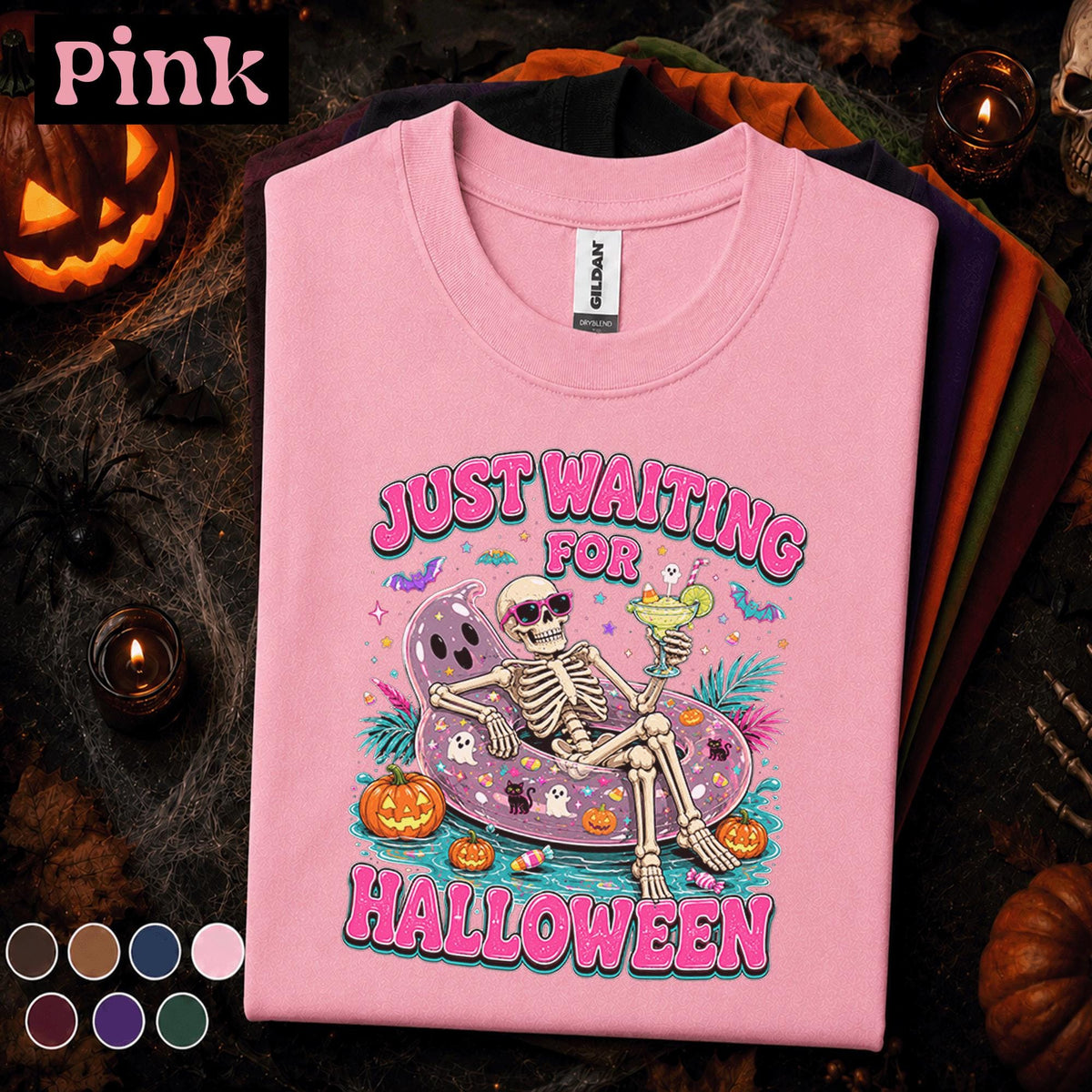 Just Waiting for Halloween Shirt, Funny Skeleton Pool Float Tee, Spooky Summer Halloween Shirt, Pink Halloween Skeleton Gift