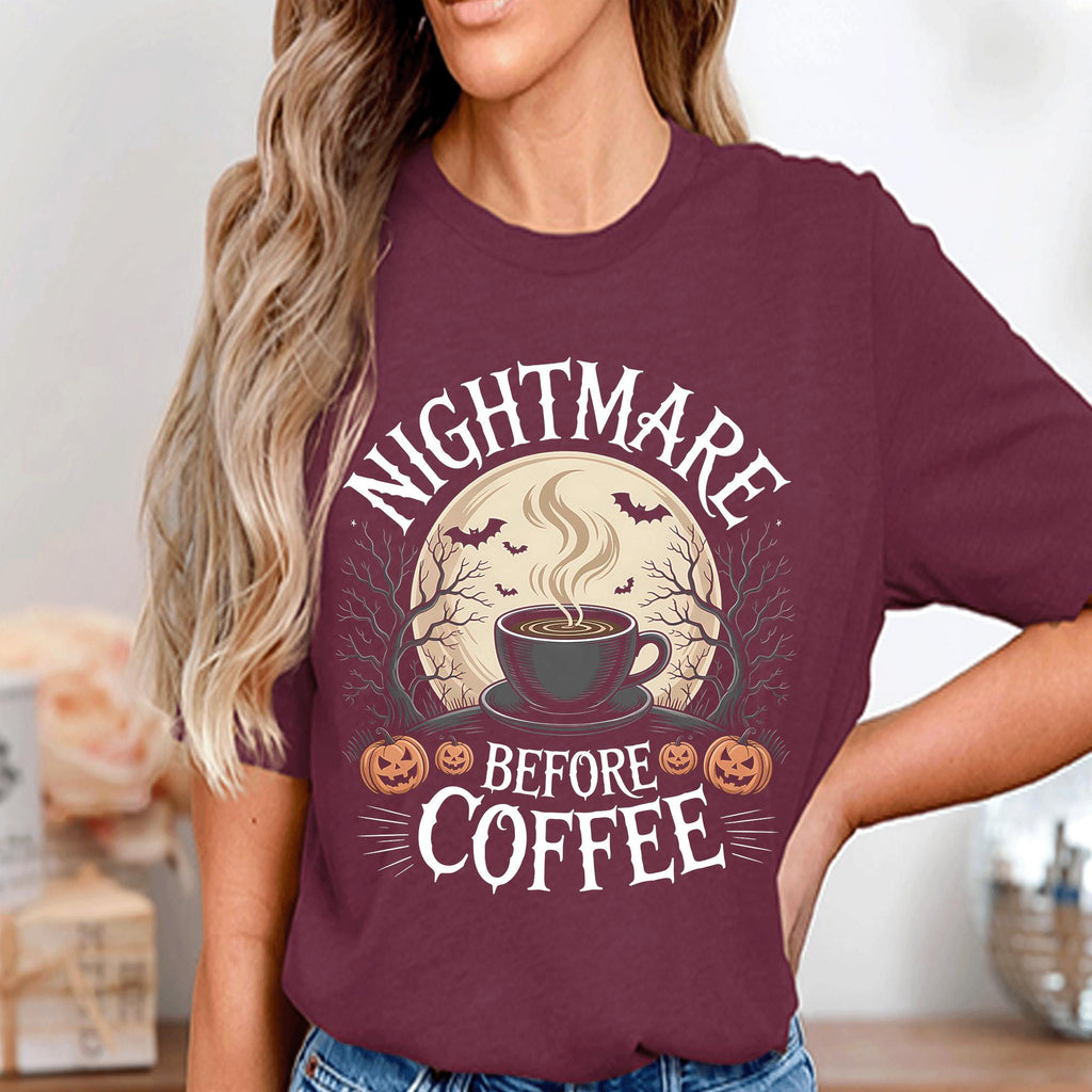 Nightmare Before Coffee Shirt Funny Halloween Coffee Lover Tee With Pumpkins Bats Moon And Spooky Cup Design For Morning Espresso Addicts