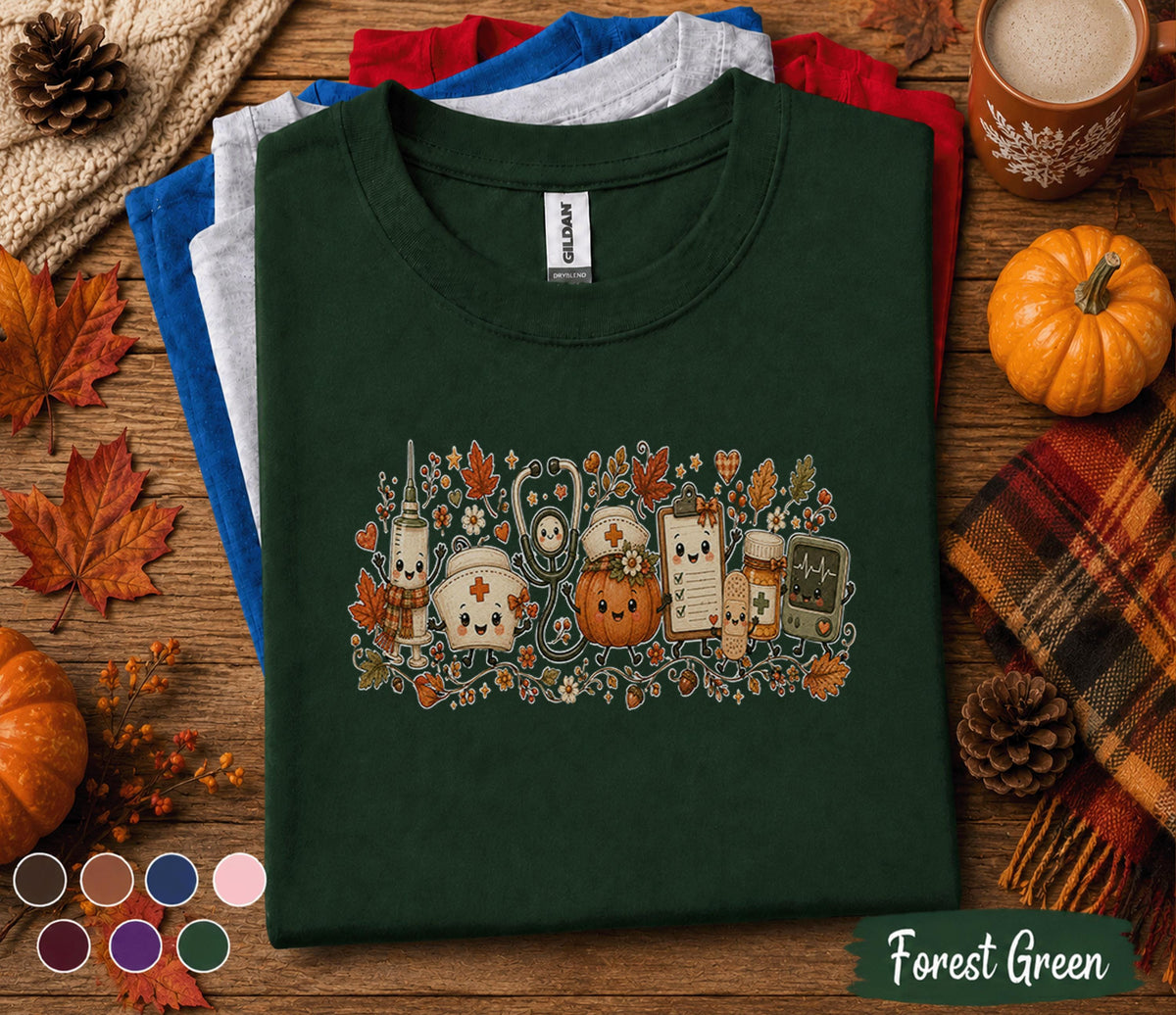 Cute Fall Nurse Shirt, Autumn Medical Pumpkin Tee, Kawaii Nurse Shirt, RN Fall Halloween Top, Cozy Healthcare Worker Gift, Nurse Autumn Tee