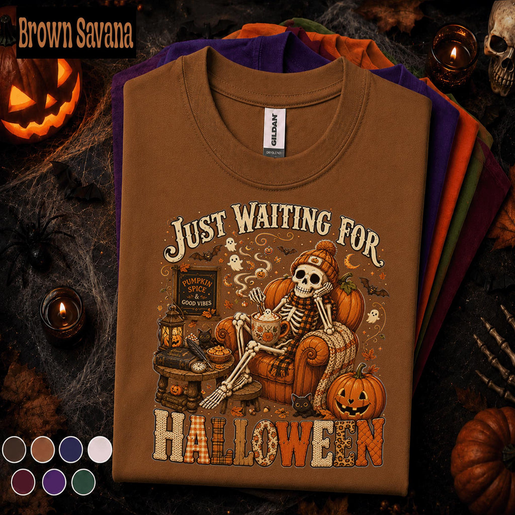 Just Waiting for Halloween Shirt, Skeleton Pumpkin Spice Tee, Cozy Spooky Season Shirt, Vintage Fall Halloween Lover Gift Tee