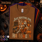 Just Waiting for Halloween Shirt, Skeleton Pumpkin Spice Tee, Cozy Spooky Season Shirt, Vintage Fall Halloween Lover Gift Tee