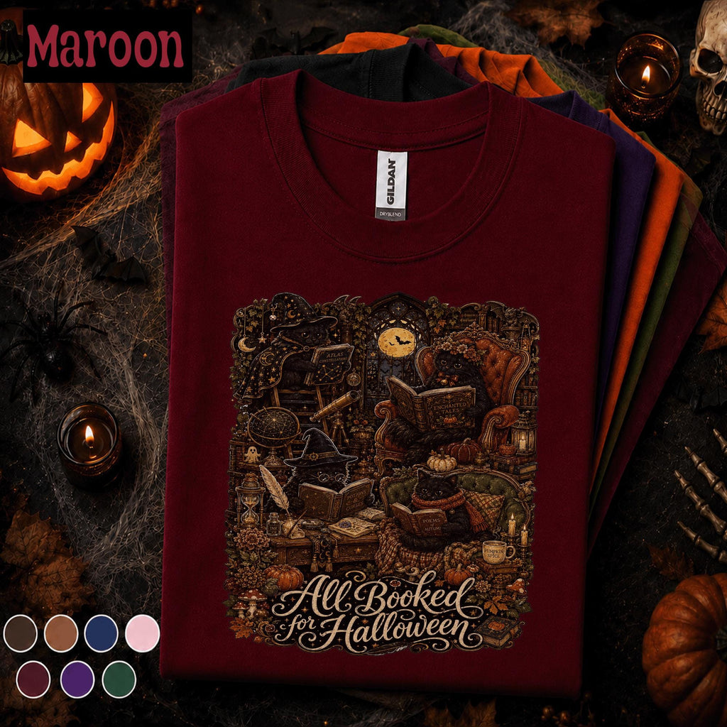 All Booked for Halloween Shirt, Gothic Black Cat Book Lover Tee, Witchy Library Shirt, Dark Academia Reader Gift, Spooky Autumn Bookish Tee