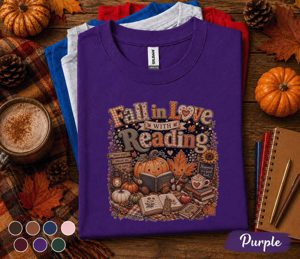 Fall in Love with Reading Shirt, Autumn Teacher Reading Tee, Cute Pumpkin Book Lover  T-Shirt, Cozy Librarian Gift, Fall Classroom Outfit