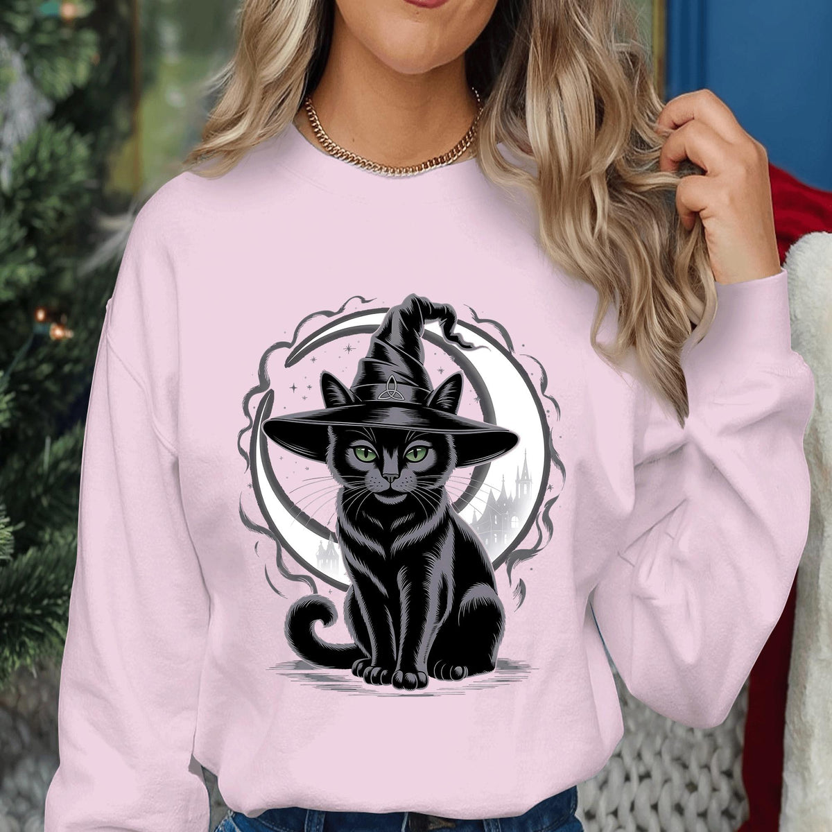 Halloween black cat hat and crescent moon shirt, spooky gothic cat lover Tee, magical witchy vibe apparel, Halloween Cat Sweatshirt