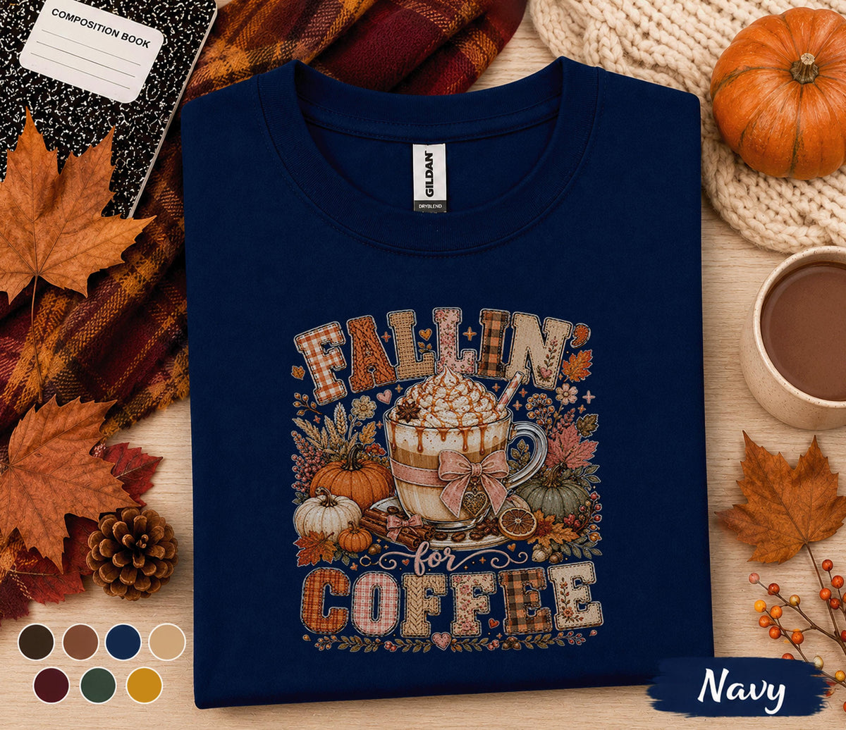 Fallin' for Coffee Shirt, Pumpkin Spice Coffee Lover Tee, Cozy Autumn Coffee Shirt, Fall Aesthetic Sweatshirt, Thanksgiving Gift for Her