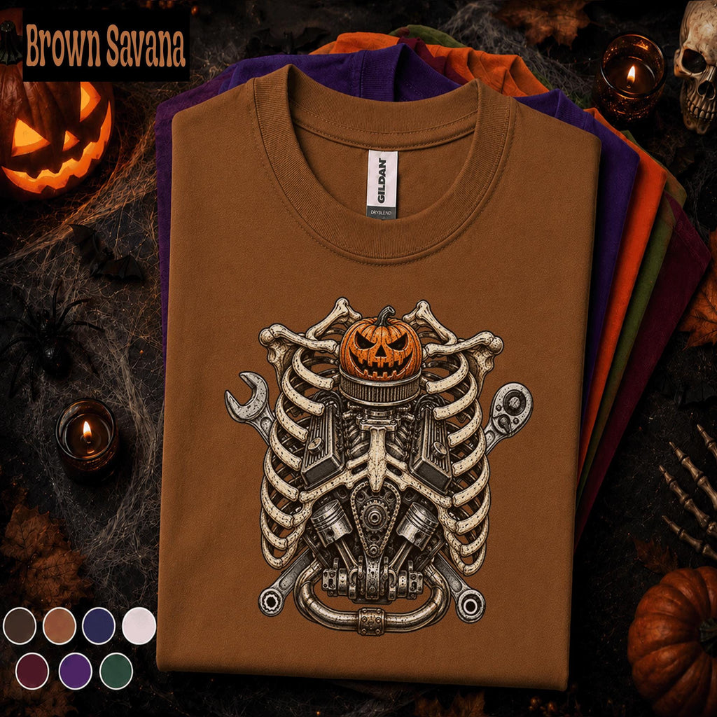 Mechanic Halloween Shirt, Skeleton Engine Rib Cage Tee, Pumpkin Auto Mechanic Gift, Spooky Garage Technician Vintage Halloween T-Shirt