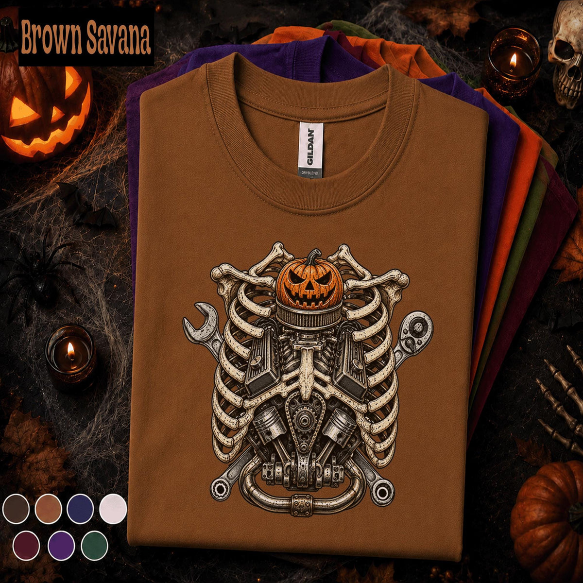 Mechanic Halloween Shirt, Skeleton Engine Rib Cage Tee, Pumpkin Auto Mechanic Gift, Spooky Garage Technician Vintage Halloween T-Shirt