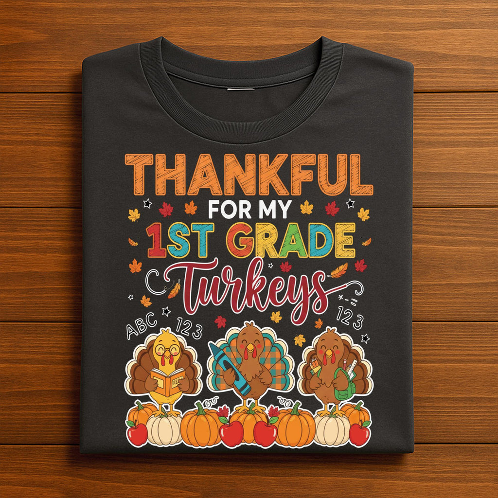 Teach Thankful for My 1st Grade Turkeys Shirt, Autumn Thanksgiving First Grade Teacher Pumpkin,  Gift Teacher Thanksgiving Sweatshirt