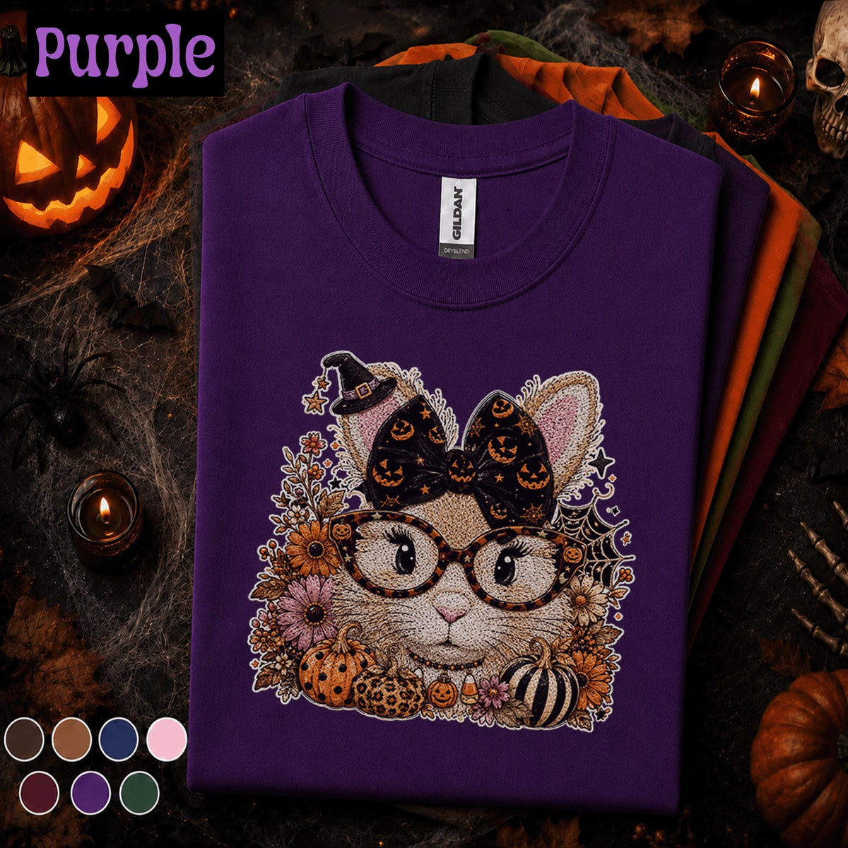 Halloween Cat Shirt, Cute Witchy Cat T Shirt, Pumpkin Bow Spooky Season Tee, Cat Mom Fall Shirt, Coquette Halloween Gift Tee