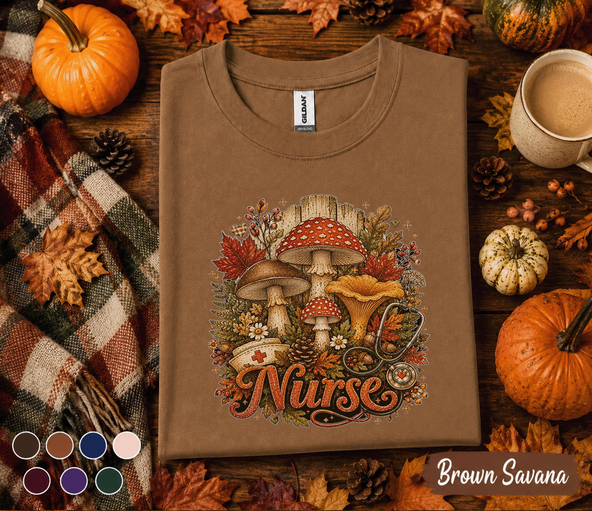Fall Nurse Shirt, Autumn Mushroom Nurse Tee, Cute RN Fall Shirt, Cozy Nurse Gift, Medical Shirt, Pumpkin Season Nurse Tee, Nurse Gift