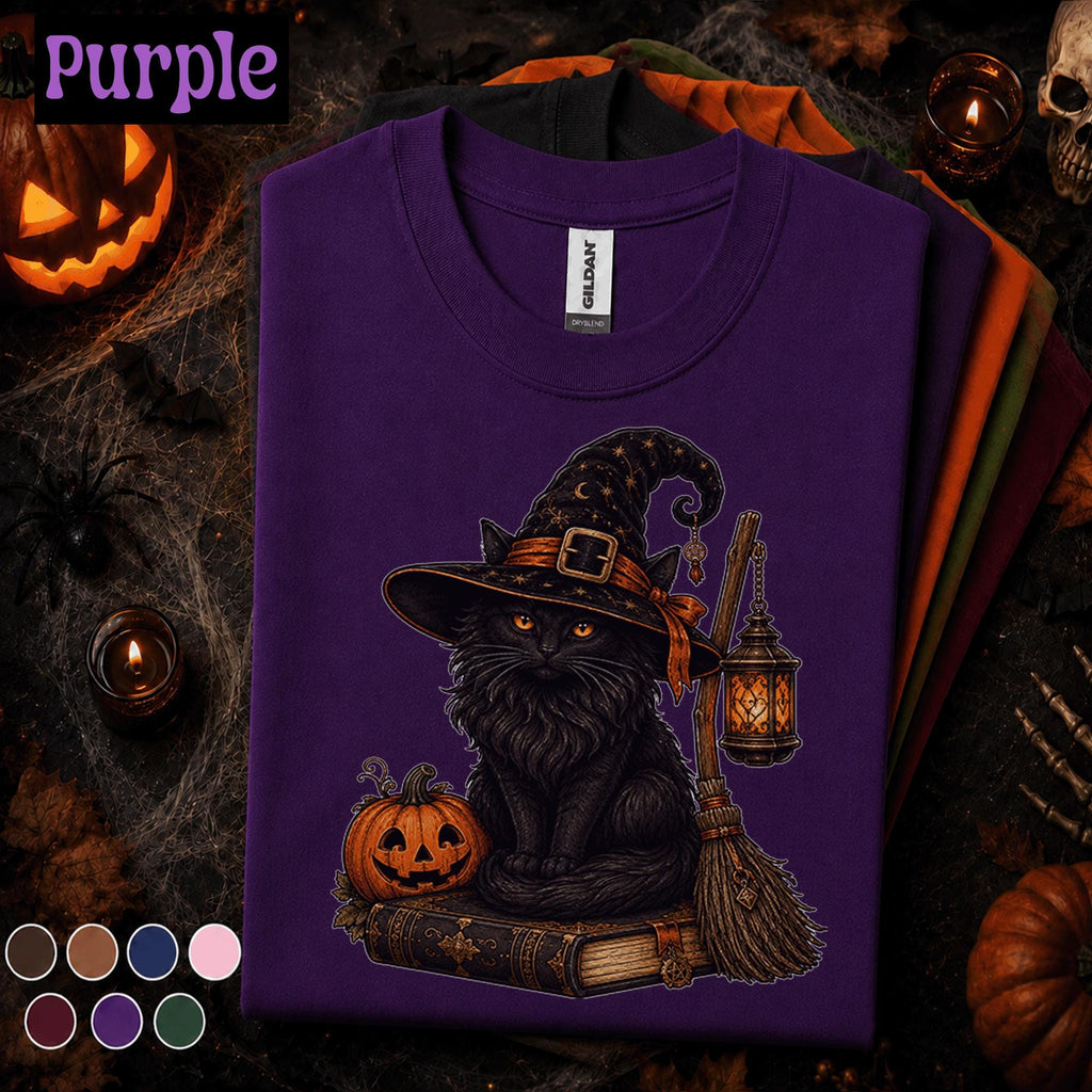 Black Cat Witch Halloween Shirt, Spooky Witchy Cat Tee, Pumpkin Magic Graphic Shirt, Gothic Fall Cat Lover Gift, Vintage Halloween Tee