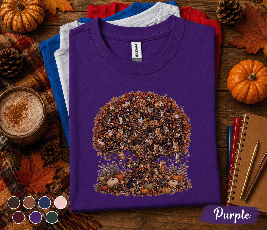 Cute Cat Fall Shirt, Autumn Kitten Tree Tee, Pumpkin Harvest Cat Lover T-Shirt, Woodland Cats Cottagecore Fall Outfit, Thanksgiving Gift