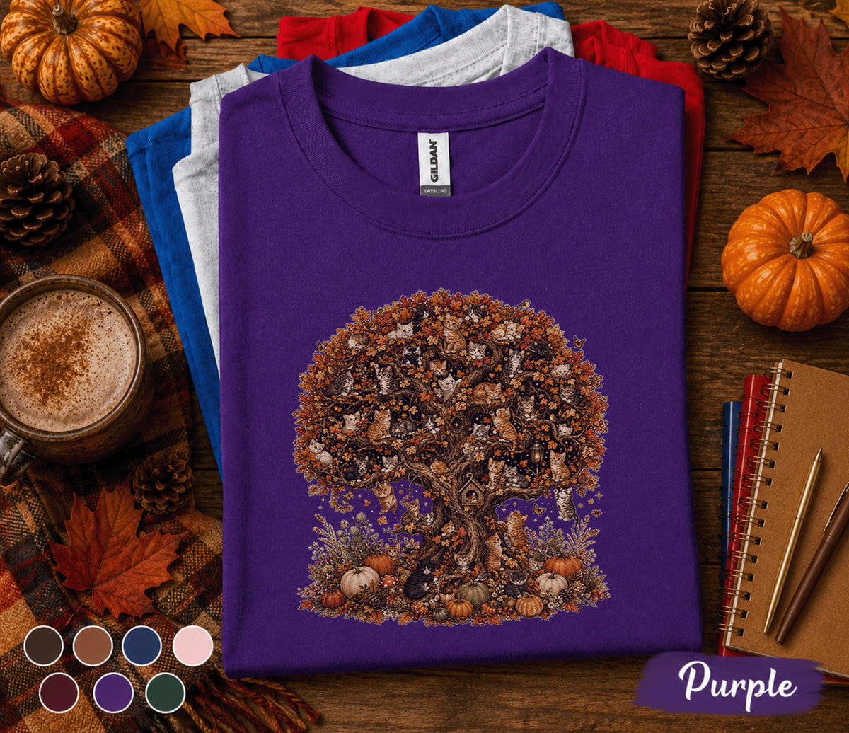 Cute Cat Fall Shirt, Autumn Kitten Tree Tee, Pumpkin Harvest Cat Lover T-Shirt, Woodland Cats Cottagecore Fall Outfit, Thanksgiving Gift