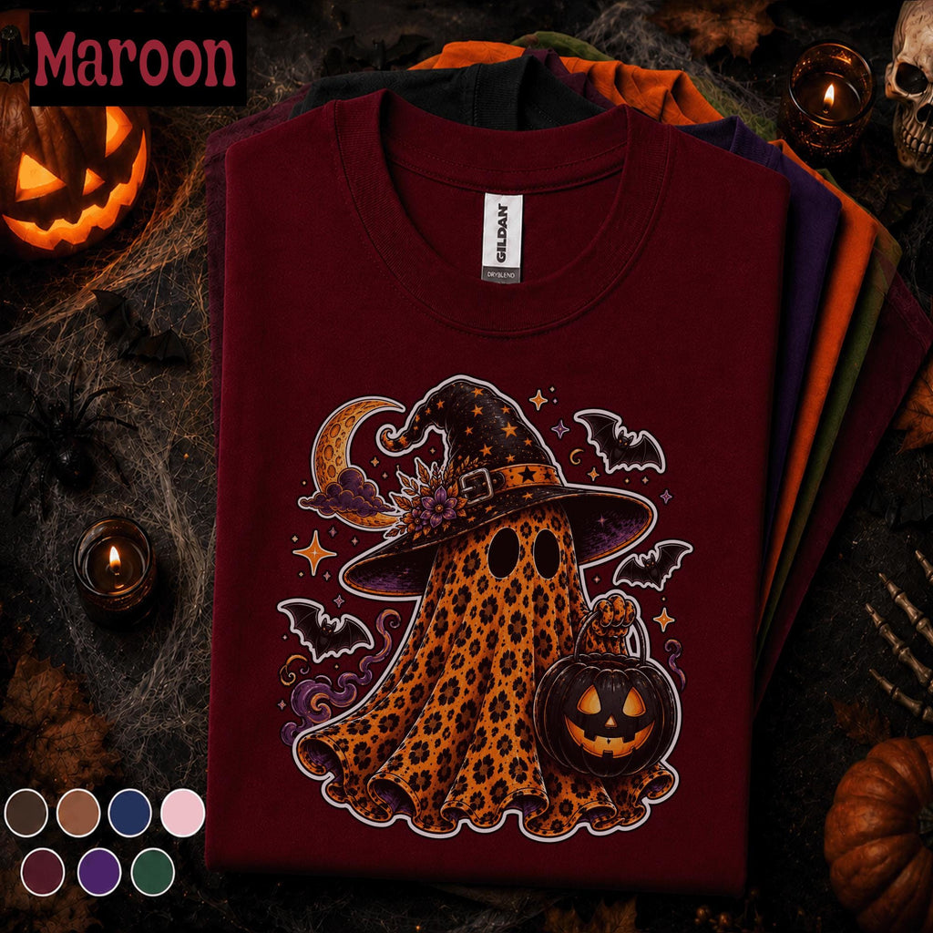 Leopard Ghost Halloween Shirt, Witch Ghost T Shirt, Spooky Season Tee, Pumpkin Shirt, Cute Witchy Fall Tee, Halloween Ghost Gift