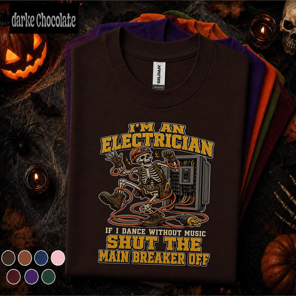 Electrician Halloween Shirt, Funny Skeleton Electrician Tee, Shut Main Breaker Off, Electrical Worker Gift, Spooky Tradesman T-Shirt