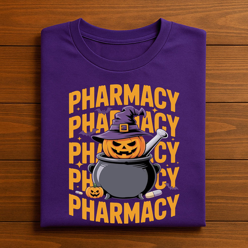 Pharmacy Halloween Shirt, Pumpkin Pharmacist in Cauldron with Witch Hat and Bats, Spooky Pharmacy Tech Costume Tee, Pharmacist Halloween
