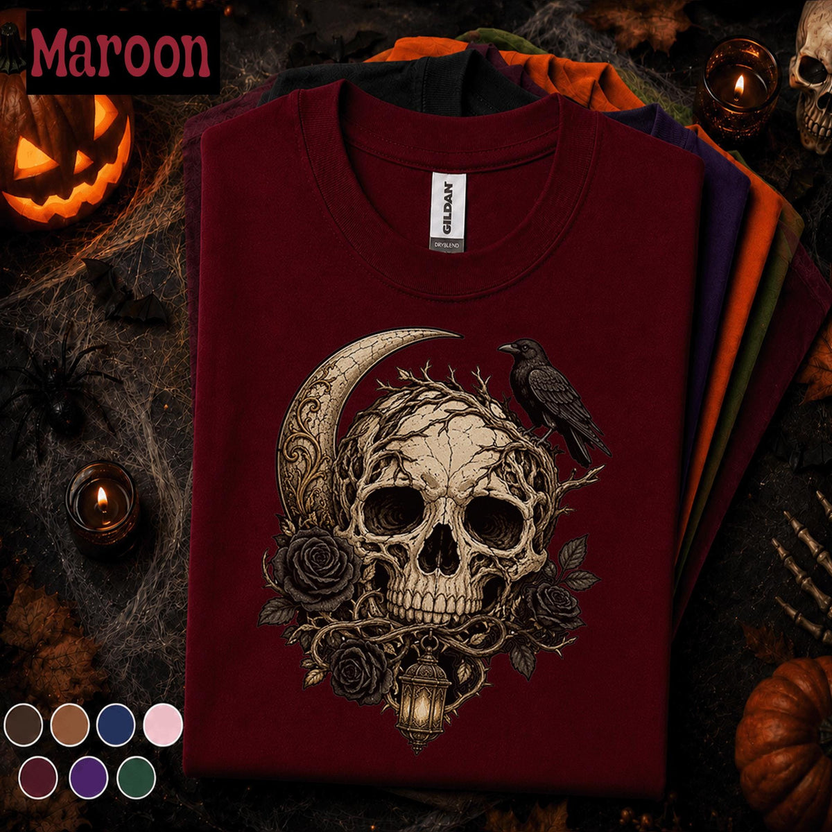 Gothic Skull Halloween Shirt, Raven Crescent Moon Tee, Dark Floral Skeleton Shirt, Spooky Witchy Tee, Gothic Halloween Gift