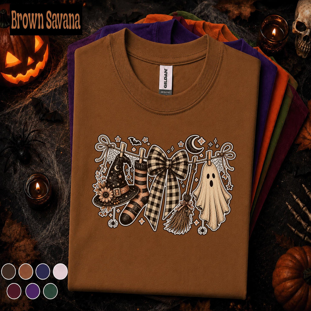 Witchy Ghost Halloween Shirt, Spooky Season T Shirt, Checkered Bow Tee, Witch Hat Broom Shirt, Cute Coquette Halloween Gift