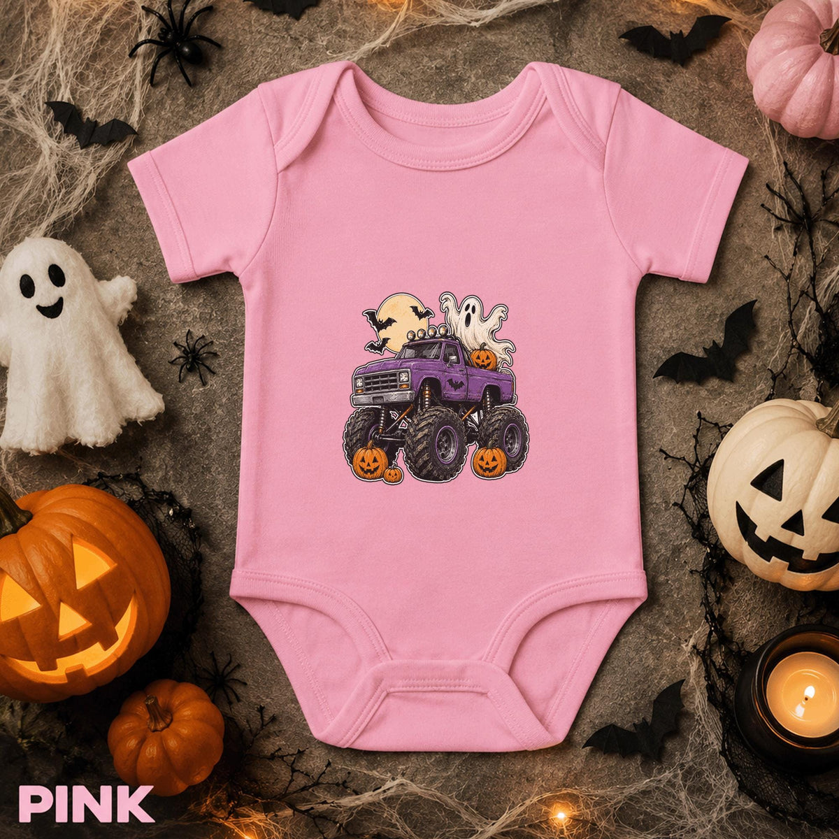Purple Monster Truck Halloween Baby Bodysuit, Ghost Pumpkin Infant Onesie, Spooky Season Truck Outfit, First Halloween Gift for Baby