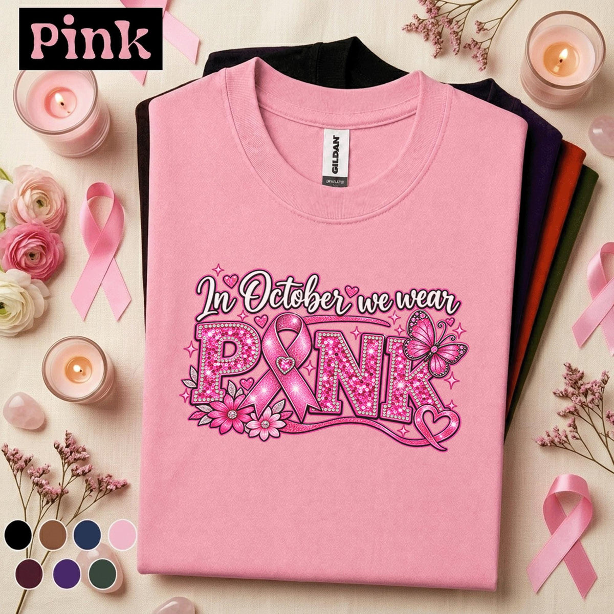 Breast Cancer Awareness Shirt, In October We Wear Pink Tee, Pink Ribbon Sparkle Shirt, Pink Out October Support Gift for Women