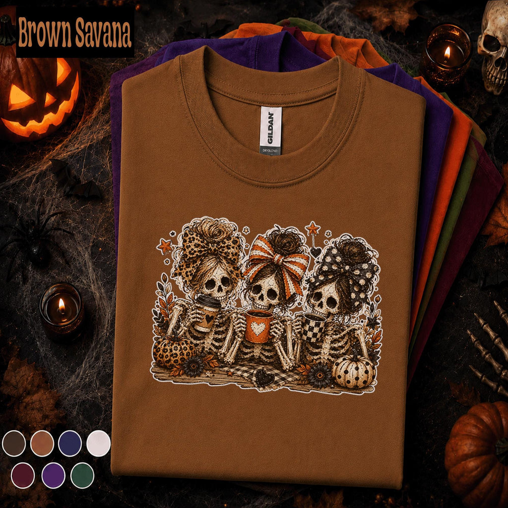 Skeleton Besties Halloween Shirt, Spooky Coffee T Shirt, Cute Bow Skeleton Tee, Pumpkin Fall Shirt, Halloween Girls Gift Tee