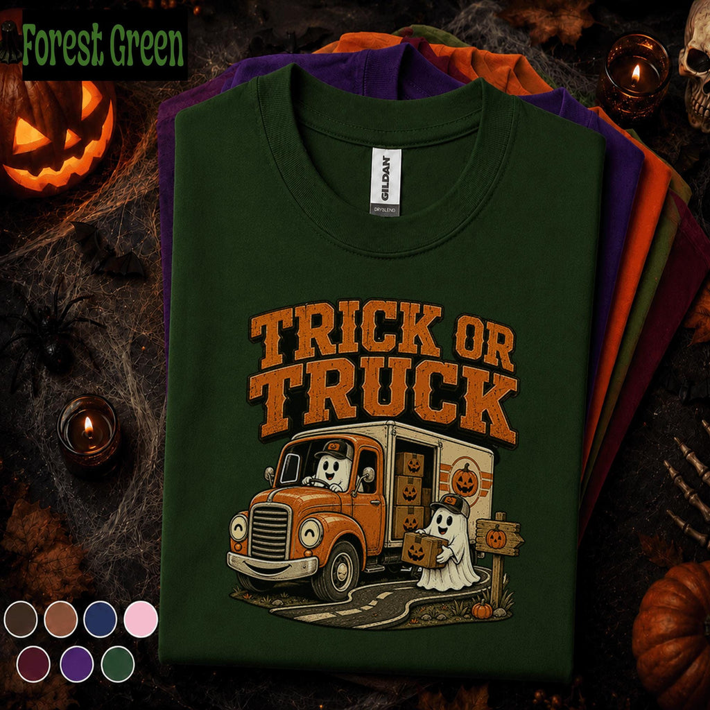 Trick or Truck Halloween Shirt, Funny Ghost Truck Driver Tee, Spooky Delivery Driver Gift, Pumpkin Truck Costume, Retro Fall Tee