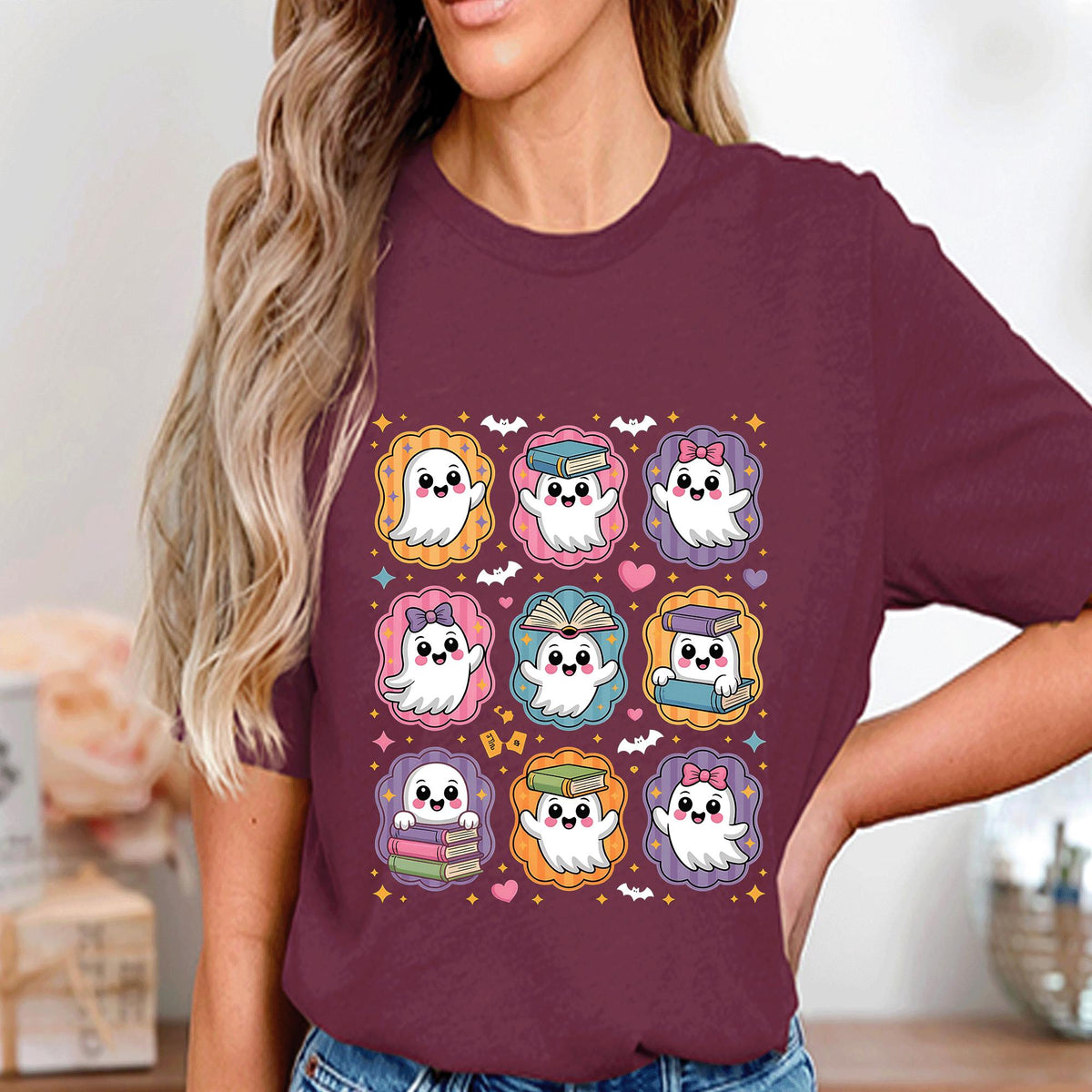 Kawaii Ghost Reading Books Shirt, Teacher Librarian Halloween Gift, Halloween Book Sweatshirt, Halloween School, spooky ghost book lover