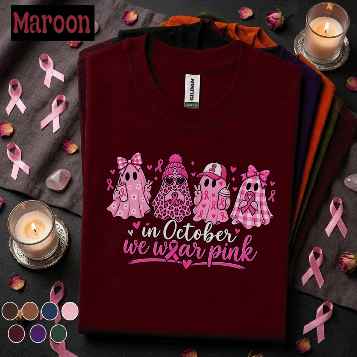 Breast Cancer Awareness Shirt, In October We Wear Pink Ghost Tee, Pink Ribbon Halloween Shirt, Cute Spooky Season Support Gift for Women