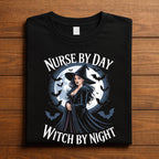 Nurse by Day Witch by Night Shirt, Gift Nurse Witch Halloween Nurse Tee with Full Moon and Bats