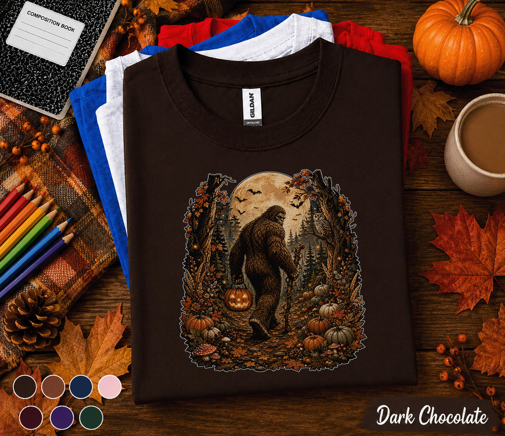 Bigfoot Halloween Fall Shirt, Sasquatch Pumpkin Tee, Spooky Autumn Forest T-Shirt, Cryptid Moon Night Shirt, Cozy Halloween Gift Men Women